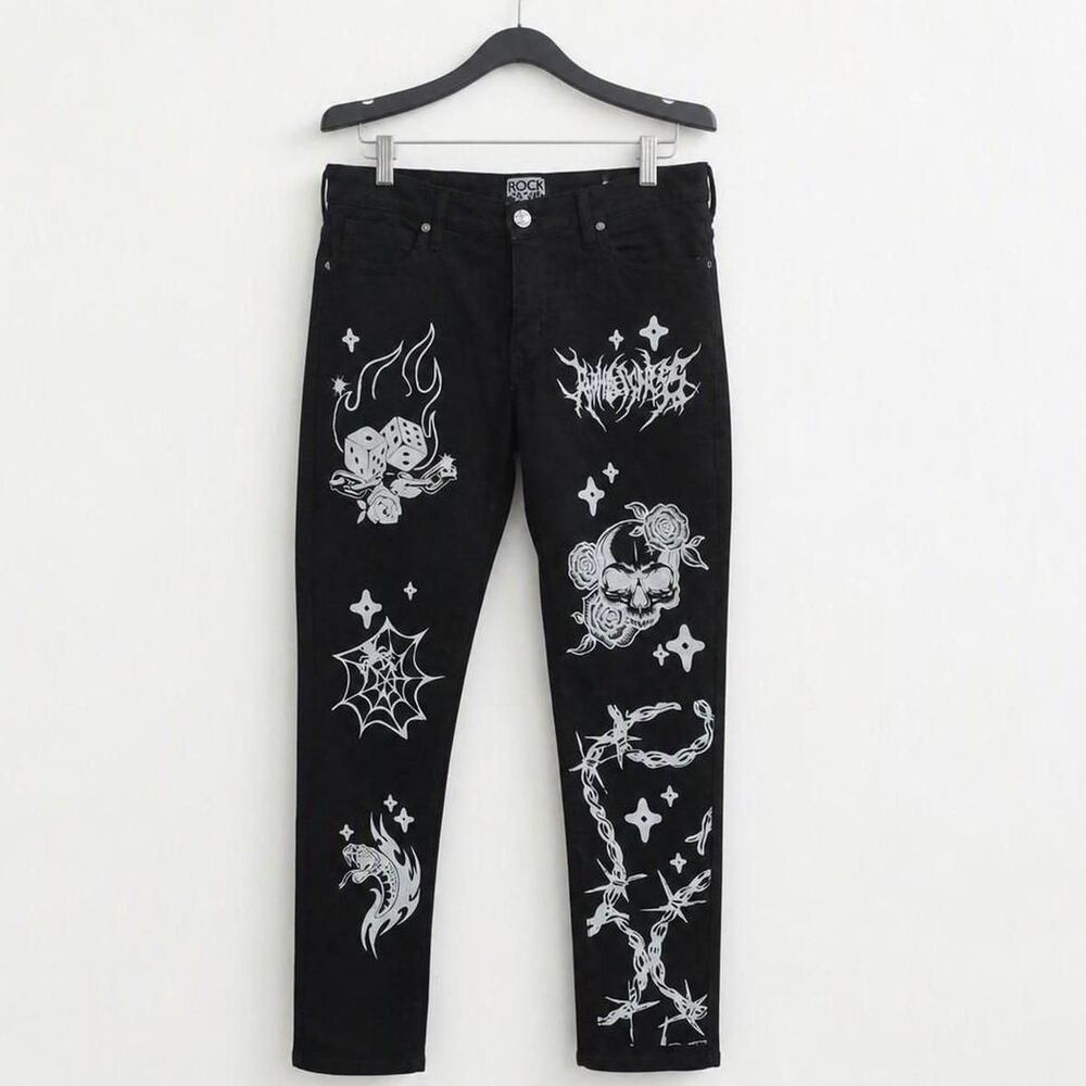 Men’s Emo 34 x 32.5 Rock Salt Black Skinny Jeans Graphic Print